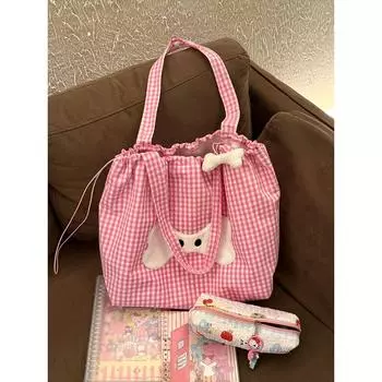 Korean Style Pink Gingham Embroider Canvas Bag Women s 2025 New Arrival Large Capacity Shoulder Tote Bag Work Clothing Handbag Pink