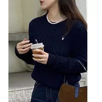 Korean Style Sense of Design Cable Loose-Fitting Long Sleeves Women s Sweater Navy L Recommended 55.00 kg-60.00 kg