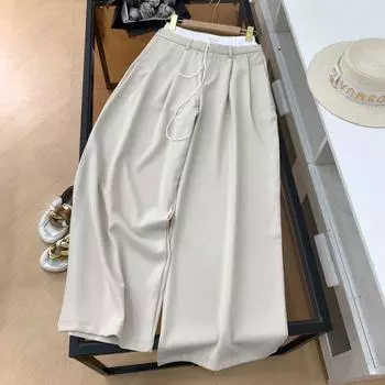 Korean Style Sense of Design Patchwork Double Waist Head Loose Pants Female New Arrival Loose Easiest for Match Casual Straight Pants D#8 Apricot color S