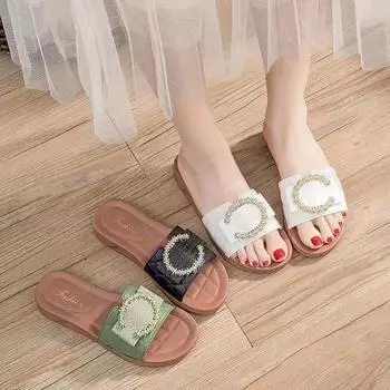 Женские тапочки с пайетками в корейском стиле, лето 2024, новые модные тапочки с металлическим дизайном и плоской подошвой, обувь для женщин Zapatos De Mujer 36-37 чёрный