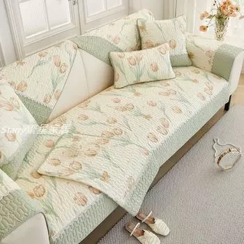 Korean Style Small Floral Cotton Sofa Cushion Pure Cotton Fabric Non-Slip Sofa Cover Backrest Towel All Year Round Neutral Machine Washable Tulip 30*50cm waist pillowcase without core