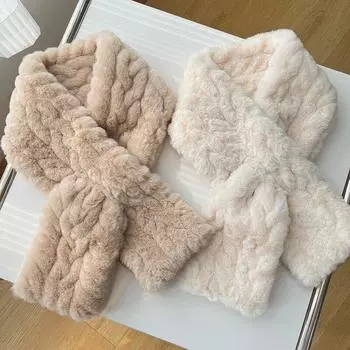Korean Style Soft Glutinous Fur Scarf: Solid Color Cross Short Imitation Rex Rabbit for Women, Perfect for Autumn/Winter