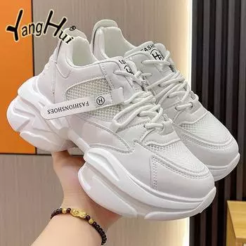 Korean Style Soild Color Mesh Breathable Thick Bottom Sneakers 2024 New Fashion Casual Simple All-match Running Sports Shoes 35 бежевый