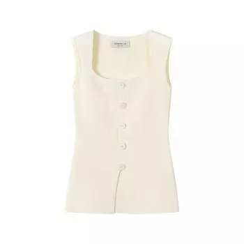 Korean Style Square Collar Sleeveless Vest Split Ice Silk Breasted Apricot All yards