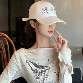 Korean Style Sweet Flowers Embroider Baseball Cap Female 2025 New Arrival Wide Brim Big Face Show Face Primary School Student Peaked Cap White