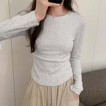 Универсальная футболка с длинными рукавами и плиссировкой в корейском стиле для женщин, для осени и зимы, новый однотонный базовый топ S