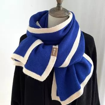 Korean-style Winter Warm Wool Scarf for Women s Black and White Color Matching Elastic Knitted Woolen Scarf Women s Headscarf Thick Scarf Shawl One size синий