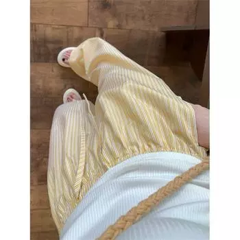 Korean Style Yellow Wide Leg Pants with Vertical Stripes Women s Summer Idle Style Straight-leg Loose Casual Ice Silk Drawstring Walking Pants Yellow L