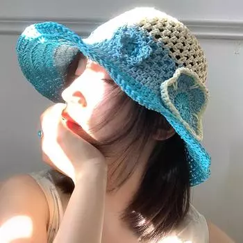 Корейская соломенная кепка с милым цветочным узором, подходящая по цвету, для летнего отпуска, универсальная солнцезащитная шляпа с большими полями 56-58cm синий