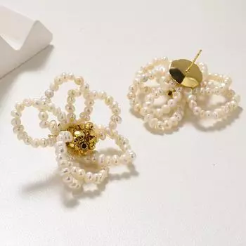 Korean sweet natural freshwater pearl stud earrings female French fringed big flower niche design super fairy earrings fashion