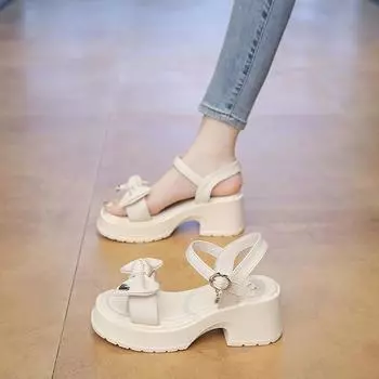 Korean tide high heels women s summer new fashion versatile bow comfortable word with thick heel sandals women 35