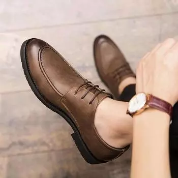 Korean Trend Men Brown Oxfords Leather Shoes Leather Handmade Comfortable Formal Dress Men Flats Lace-Up Casual Leather Shoes 37 чёрный
