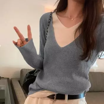 Корейский V-образный вырез, состоящий из двух частей, контрастного цвета, замедляющий старение свитер для женщин на осень и зиму, новый универсальный шерстяной топ с длинными рукавами S