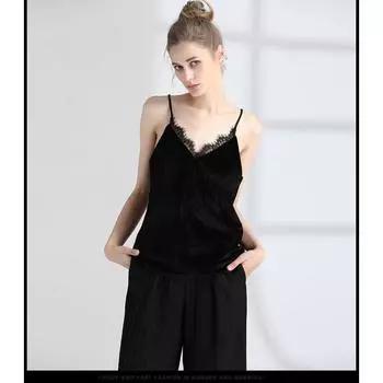 Korean Velvet Lace V-neck Sexy Black Suit Black gold velvet M