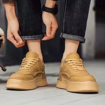 Korean version leather surface retro fashion casual board shoes men s low-top lace-up thick-soled heightening shoes student niche trendy shoes 39