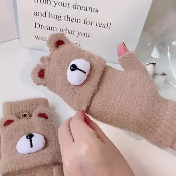 Korean Version of Adult Plush Warm Women s Winter Cold-proof Thickened Half-finger Flip-up Cartoon Bear Office Fingerless Gloves average size