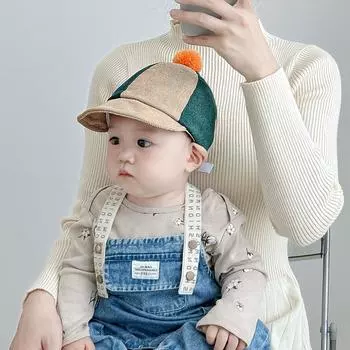 Korean version of color matching hairball children s hat autumn and winter warm windproof corduroy cap boys and girls baseball cap hat circumference 45-50cm/reference 6-36 months