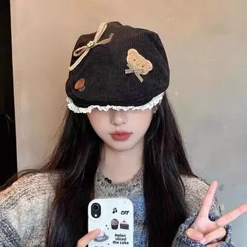 Korean Version of Cute Button Bow Design Forward Hats for Women Summer Autumn New Versatile Lace Edge Corduroy Berets Cap 56-58cm