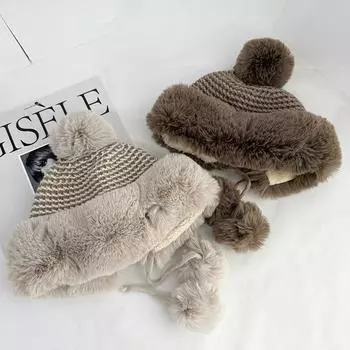 Korean version of cute hairball decorative plush hat women s winter plush warm pullover hat ear protector Northeast Lei Feng hat thickened M56-58cm