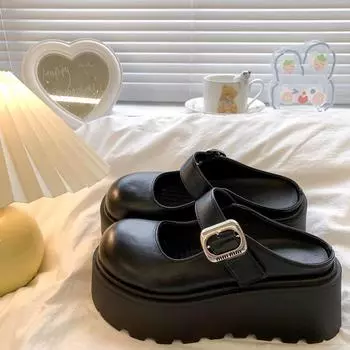 Korean version of fairy style bag head slippers 2025 new fashion trend round head thick sole height and thinness fashion shoes 35 чёрный