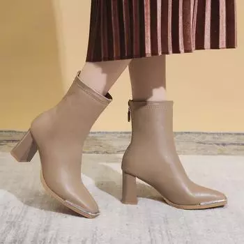 Korean version of fashion boots women s square head back zipper simple style high heel boots autumn fashion short boots 35