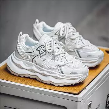 Korean version of fashion outdoor sports shoes men s low-top lace-up dad shoes student leather thick-soled white shoes 39