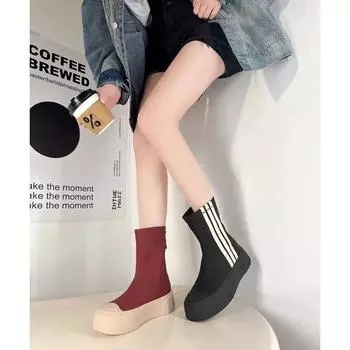 Korean version of fashion versatile casual Martin shoes women s 2024 autumn and winter new thick-soled round head elastic boots thin boots 35 чёрный