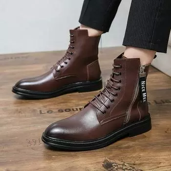 Korean Version of Fashionable Men Lace Up Formal Boots Luxury Brand Business Men Shoes High Top Men Boots Non-Slip Ankle Boots 37 чёрный