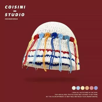 Korean Version of Fresh Color Fringed Knitted Women s Caps Autumn and Winter New Warm Casual Versatile Sweet Bucket Hats 56-58cm бежевый