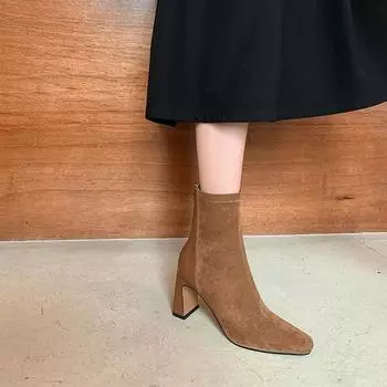 Korean version of giant slim short boots women s 2025 new high-heeled small square-headed boots temperament elastic boots 35 хаки