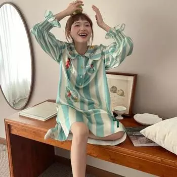 Корейская версия пижамы с длинными рукавами и рисунком куклы из мультфильма Ins для женщин, весна-осень, пижамы для домашней одежды, платья S
