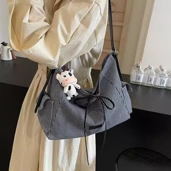 Korean version of large-capacity shopping bag large bag women s 2024 new fashion striped shoulder messenger bag versatile commuter bag