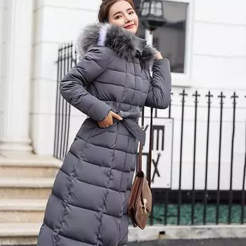 Korean Version of Long Knee-length Down Cotton-padded Jacket for Women with Large Fur Collar and Slim-fitting Thickened Cotton-padded Jacket for Women M
