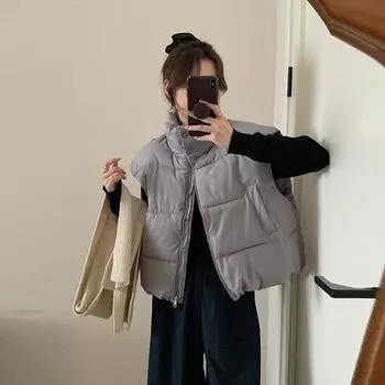 Korean version of loose casual cotton clothes, vest, women s short stand-up collar, thickened versatile vest, bread student jacket S чёрный