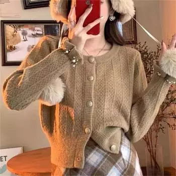 Korean version of lotus leaf cuffs soft waxy lazy wind sweater women s autumn tu year temperament short bead knitted cardigan top One Size белый