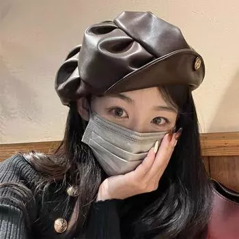 Корейская версия плиссированного кожаного черного берета для детей, весна-осень, нишевый дизайнер, ретро-темперамент, универсальная шляпа художника M56-58cm чёрный