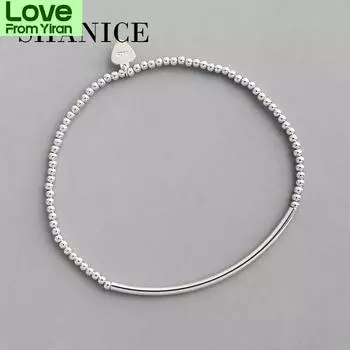 Korean Version Of S925 Sterling Silver Handmade 2mm Simple Round Bead Round Tube Elastic Bracelet Pendant Jewelry