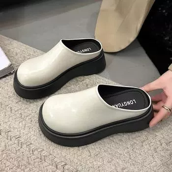 Korean version of solid color baotou half drag women 2025 spring muffin thick-soled Muller shoes small height-increasing cool slippers 35