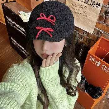 Korean version of sweet and cute lamb wool bow forward hat women s autumn and winter versatile beret show face little painter hat Adjustable 55-58cm