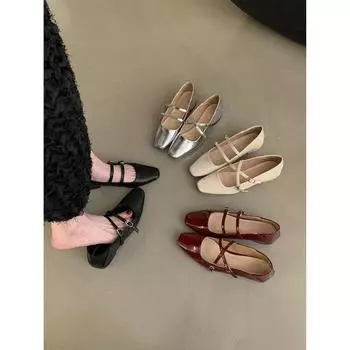 Korean version of the design sense, light mouth single shoes, small leather shoes, thick heel women s shoes, summer new French retro silver Mary Jan 35 чёрный