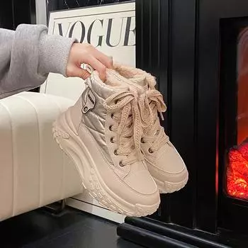 Korean version of thick-soled high-top women s shoes, winter velvet warm and versatile ins student leisure sports cotton shoes 35