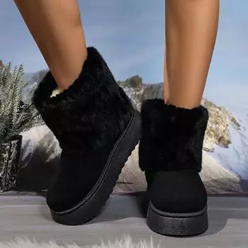 Korean version of thick-soled snow boots for women s 2024 winter new fashion velvet warm medium tube flanged trousers fluffy cotton boots 36 чёрный