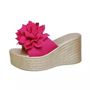 Korean version of women s cool slippers 2025 summer new flower cloth waterproof table thick bottom slope heel outer slippers 2025 35