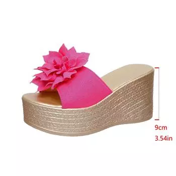 Korean version of women s cool slippers 2025 summer new flower cloth waterproof table thick bottom slope heel outer slippers 2025 35