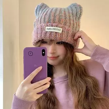 Корейская версия Яби Ветер милые кошачьи ушки постепенно меняются вязаная шерстяная шапка женская осень и зима теплая защита ушей холодная шапка пара показать маленький M (56-58cm) letter mark bq