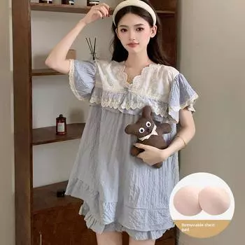 Korean Women s Summer Bubble Cotton Pajama Set: Short-Sleeve Top & Shorts with Chest Pads - Sweet and Lightweight Homewear XL