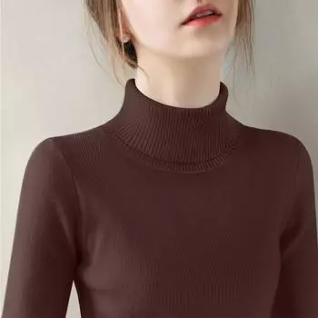 Korean Wool Knitting Thickened Bottoming Shirt Women s Winter New High Neck Design Loose Slim Looking Inner Wear Sweater Dark brown S([Recommended 40.00 kg-50.00 kg]])