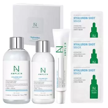 Кореана AMPLE:Специальный набор из 3-х препаратов N Hyaluronic Shot (тонер + эмульсия + крем) + 3 упаковки масок Hyaluronic Shot