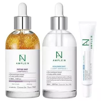 Koreana Ampoule N Peptide Shot Ампула большой емкости 100 мл + ампула Hyaluron Shot Light большой емкости 100 мл + гель-крем Hyaluron Shot Light, 1 комплект