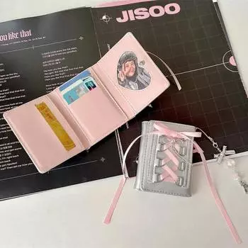 Корейская балетная лента INS с бантом из серебристого ПУ-кожи, сумка для карт Chic Girls Kpop, 3-дюймовый держатель для фотокарт, женский кошелек для монет, держатель для кредитных карт